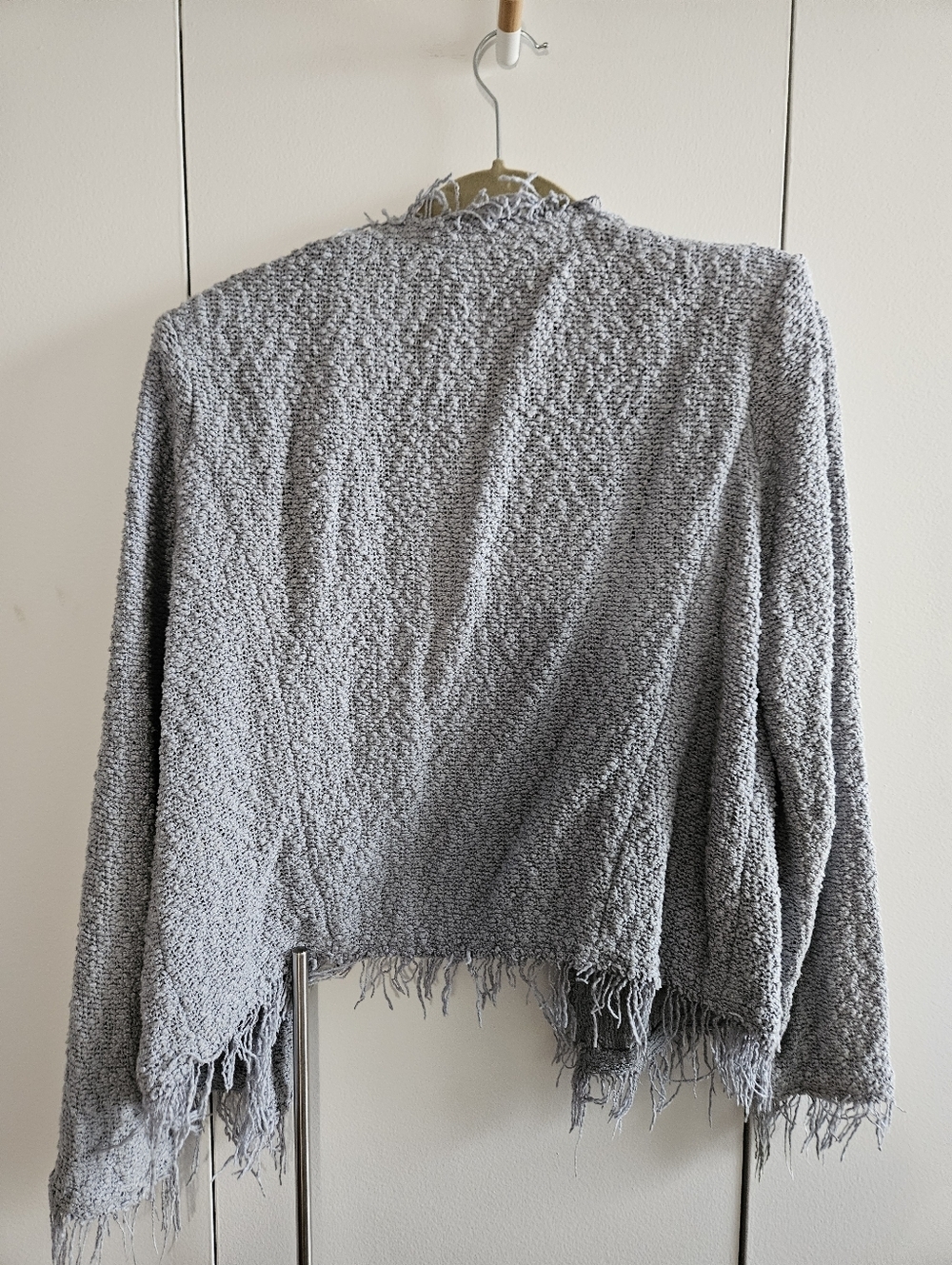 IRO Shavani Size 38 Frayed Open-Front Knit Cardigan - Light Gray - Picture 2 of 5